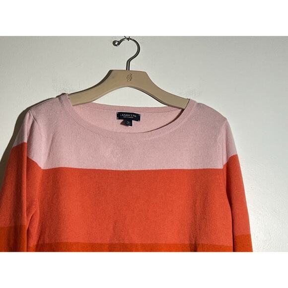 Lands End EUC Pink Colorblock 100% Cashmere Pullover Classic Preppy Sweater XL - Picture 3 of 5